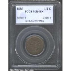 1855 1/2 C MS64 Brown PCGS. Pleasing light chocolate surfaces with a few undistracting darker spots.
