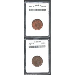 1855 1/2 C MS62 Red and Brown ANACS, the frosty textured surfaces are mostly lustrous with only mini