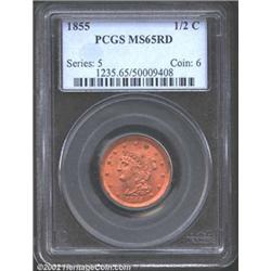 1855 1/2 C MS65 Red PCGS. Among the more attractive Coronet Half Cents that this cataloger has seen,