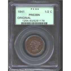 1841 1/2 C Original PR63 Brown PCGS. B-1, R.6. Die State III. The obverse die crack from the border.