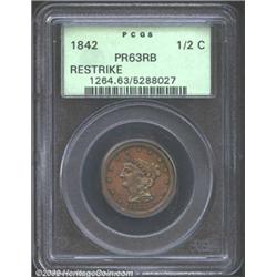 1842 1/2 C Restrike PR63 Red and Brown PCGS. B-2, Low R.7. Series III. The doubled T in CENT charact