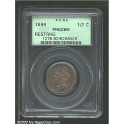 1844 1/2 C Restrike PR62 Brown PCGS. B-3, High R.6. Smooth, milk-chocolate surfaces with somewhat ir