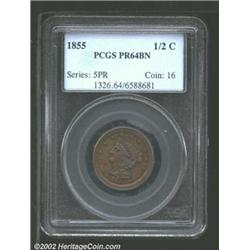 1855 1/2 C PR64 Brown PCGS. B-1, R.5. With crisp striking definition and noticeable brightness in th