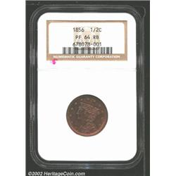 1856 1/2 C PR64 Red and Brown NGC. B-1, R.7. A rare original proof Half Cent from 1856, this coin wa