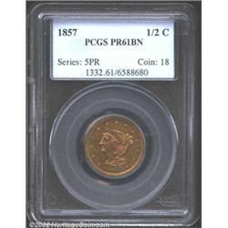1857 1/2 C PR61 Brown PCGS. B-2, R.4. This coin offers genuine rarity and sharp striking definition.