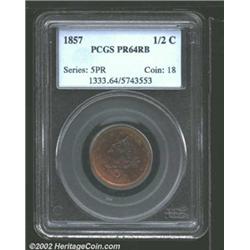 1857 1/2 C PR64 Red and Brown PCGS. B-2, R.4. This final-year proof Half Cent is easily attributed b
