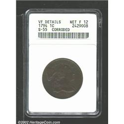 1794 1C Head of 1794--Corroded--ANACS. VF Details, Net Fine 12. S-55, R.2. Milk chocolate surfaces..