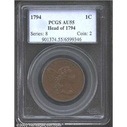1794 1C Head of 1794 AU55 PCGS. S-24, R.1. Maris' so-called "Scarred Head" variety, that is most eas