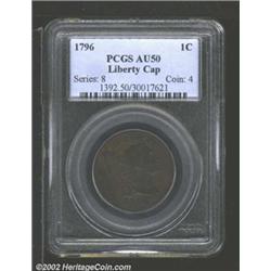 1796 1C Liberty Cap AU50 PCGS. S-87, Low R.3. Most easily attributed by the double leaf to the left.