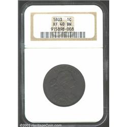 1803 1C Small Date, Small Fraction XF40 NGC. S-254, R.2. Even, rich brown patina covers each side. T
