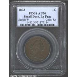1803 1C Small Date, Large Fraction AU50 PCGS. S-258, R.1. Smooth, glossy, light brown surfaces that.