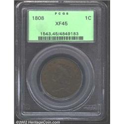 1808 1C XF45 PCGS. S-278, R.3. This is a mostly evenly toned example with orange-brown coloration. T