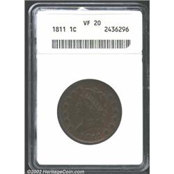 1811 1C VF20 ANACS. S-287, R.2. Perfect Date. A dark purple-tan representative with glossy surfaces.
