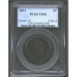 1813 1C VF30 PCGS. S-292, R.2. Well-struck and well-centered. Dark chocolate color. Predominantly sm