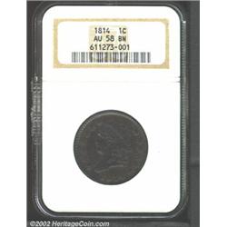 1814 1C Crosslet 4 AU58 NGC. S-294, R.1. Rich mahogany-brown patina. Well struck except for a pair o