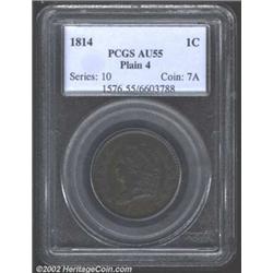 1814 1C Plain 4 AU55 PCGS. S-295, R.1. The striking details are uncommonly sharp on each side with f
