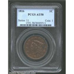 1816 1C AU58 PCGS. N-9, R.3. Predominately smooth, reddish-brown surfaces with traces of original mi