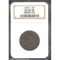 1817 1C 13 Stars MS63 Brown NGC. The otherwise glossy-brown surfaces reveal a few whispers of origin