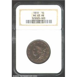 1819 1C Large Date MS63 Red and Brown NGC. N-2, R.1. Abundant remnants of original mint red color ou