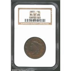 1821 1C MS61 Brown NGC. Just 389,000 Coronet Cents were delivered in 1821, and Mint State survivors.