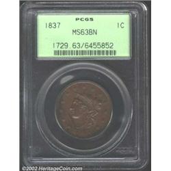 1837 1C Head of 1838 MS63 Brown PCGS. Attractive milk chocolate brown surfaces darkening in some are