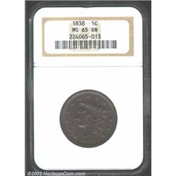 1838 1C MS65 Brown NGC. The central devices are sharply defined, and the peripheries are also bold w
