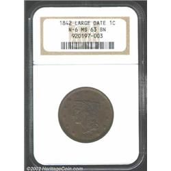 1842 1C Large Date MS63 Brown NGC. N-6. Warm golden-brown toning evenly blankets the glossy textured