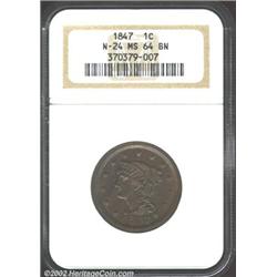 1847 1C MS64 Brown NGC. N-24. Both sides are mostly glossy in sheen with dominant medium brown color