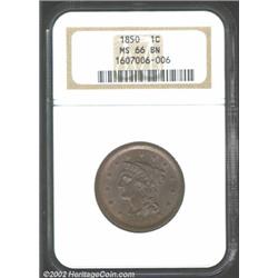 1850 1C MS66 Brown NGC. Pleasing milk chocolate patina with full details on all but a few star centr