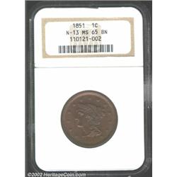 1851 1C MS65 Brown NGC. N-7. There are tinges of orange color on the obverse of this mostly medium b