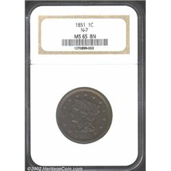 1851 1C MS65 Brown NGC. N-7. Deep, rich, steel-brown toning has gathered over both sides, yet there.