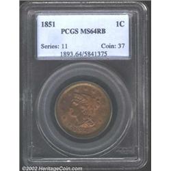1851 1C MS64 Red and Brown PCGS. Lovely subdued red surfaces darkening toward the peripheries especi