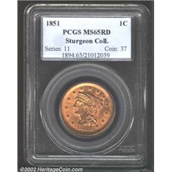 1851 1C MS65 Red PCGS. Ex: Sturgeon Collection. N-10, R.1. This is a lovely, lustrous Gem with plent
