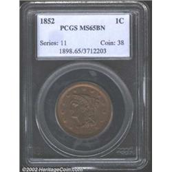 1852 1C MS65 Brown PCGS. Pleasing dark caramel color with red highlights surrounding the obverse dev
