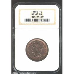 1852 1C MS66 Brown NGC. N-3, R.1. Radiant crimson luster surrounds the legends, stars, and devices,.