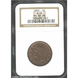1852 1C MS66 Brown NGC. N-10. Some faded mint luster is seen around the peripheries, particularly ou