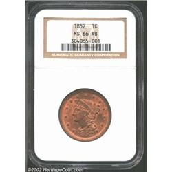 1852 1C MS66 Red and Brown NGC. The original crimson color dominates both sides. A well struck Gem t