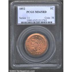 1852 1C MS65 Red PCGS. A lovely Gem Braided Hair Large Cent that would be difficult to improve upon.