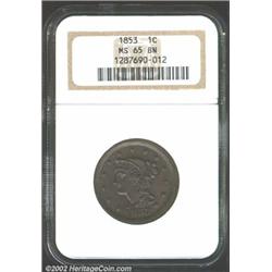 1853 1C MS65 Brown NGC. Predominantly smooth, even chocolate brown surfaces. There are a couple of m