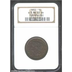 1853 1C MS65 Brown NGC. N-3. Rich chocolate-brown toning envelops smooth, virtually blemish-free sur