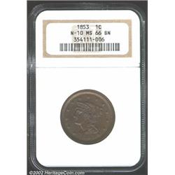 1853 1C MS66 Brown NGC. N-10, R.1. The obverse has medium tan-brown patina, while the reverse has li