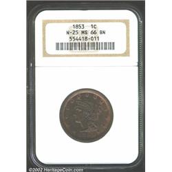 1853 1C MS66 Brown NGC. Mahogany patina predominates, but strong hints of original golden luster are