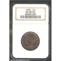 1853 1C MS65 Red and Brown NGC. Abundant original red luster encircles the devices and legends. The.