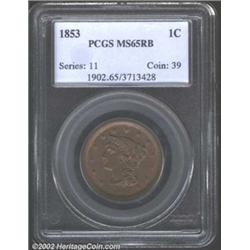 1853 1C MS65 Red and Brown PCGS. Richly toned in most areas, there are still, however, areas of oran