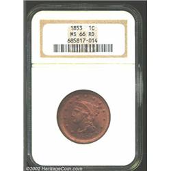 1853 1C MS66 Red NGC. Flaming red luster is seen over each side of this original Gem. Quite a few bl