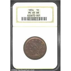 1854 1C MS65 Brown NGC. Chocolate-brown patina dominates, but ample glimmers of crimson luster surro