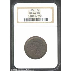 1854 1C MS66 Brown NGC. Deep reddish-olive color. A well struck Gem with nearly pristine surfaces. A