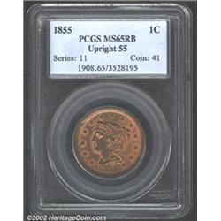 1855 1C Upright 5s MS65 Red and Brown PCGS. Variegated subdued red color with dark violet gradations