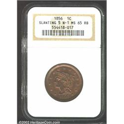 1856 1C Slanted 5 MS65 Red and Brown NGC. N-1, R.1. Both sides have extensive faded red mint luster.