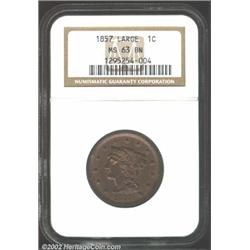 1857 1C Small Date MS63 Brown NGC. N-2, High R.1. Medium chocolate-brown patina, with traces of fade